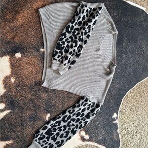 Gray Sweater with Leopard Print Sleeves